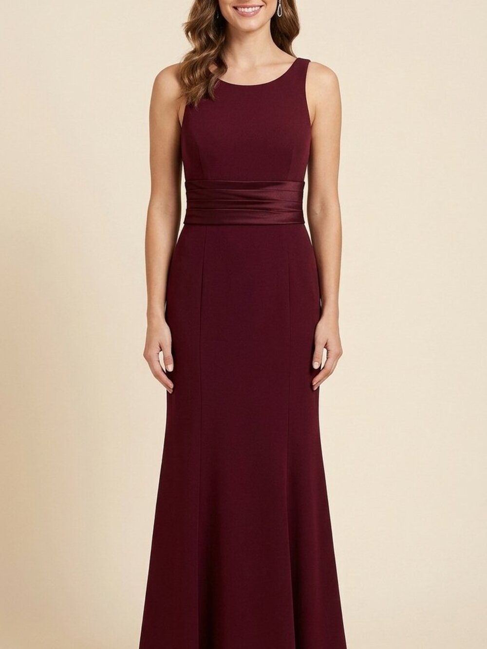 Nicely used once-David’s Bridal Burgundy Satin Waist Evening Gown – Size 4